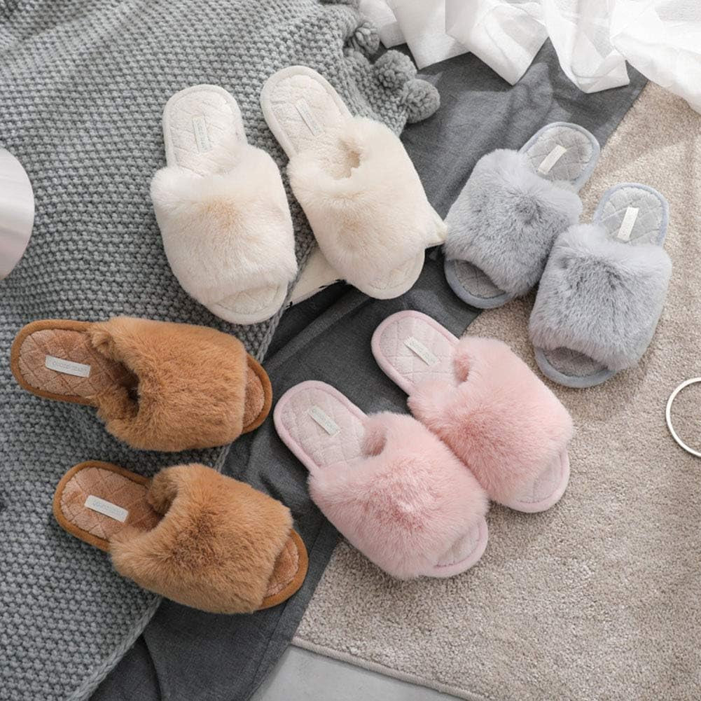 HUMIWA Women's Plush Fur Flat Slippers - Comfortable Open Toe Memory Foam Sandals for Versatile Indoor and Outdoor Use