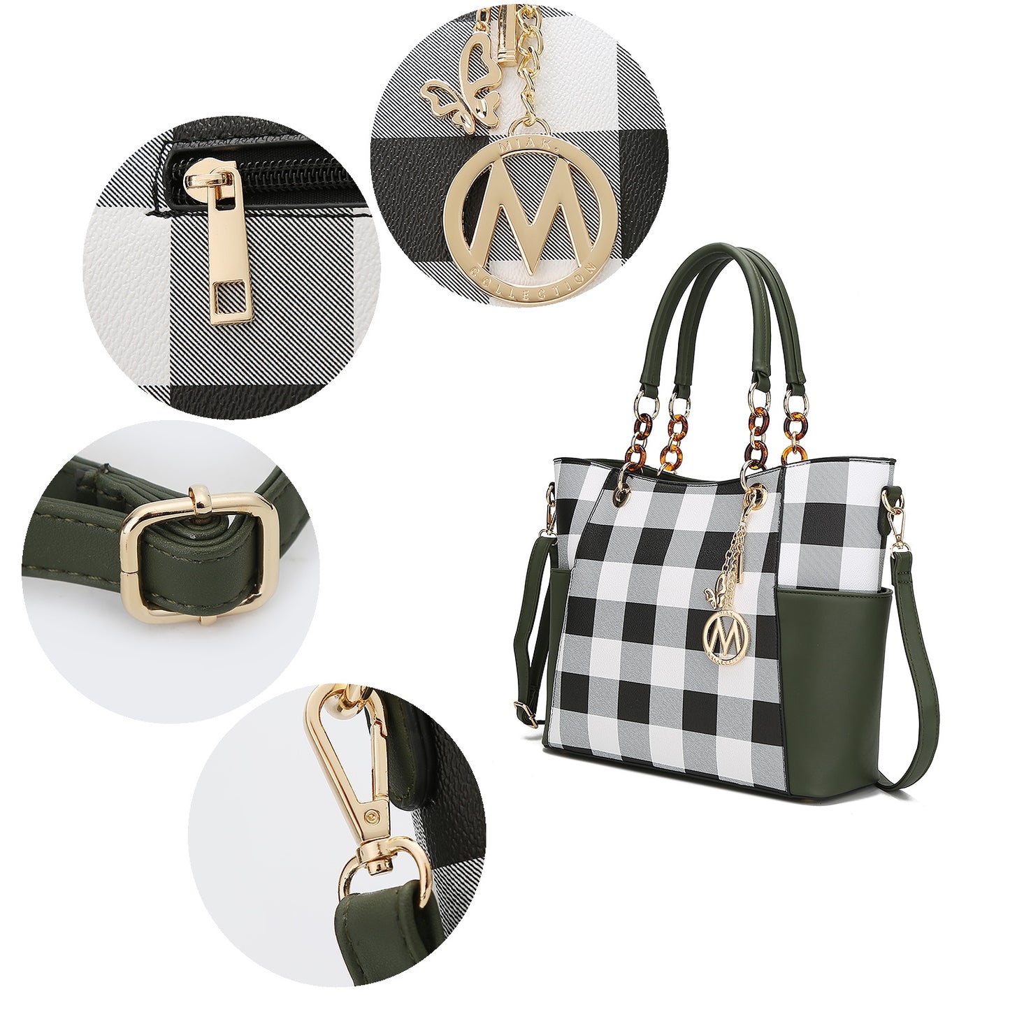 Bonita Checker Vegan Leather Tote Bag & Wristlet Wallet Set - Stylish Cognac Handbag by Mia K.