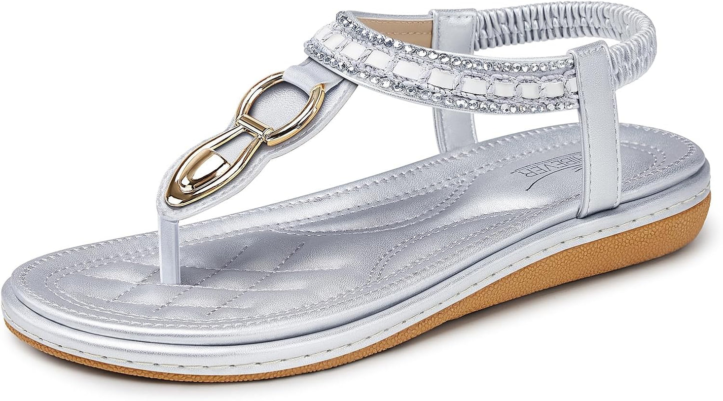 SHIBEVER Women's Elegant Summer Sandals: Comfortable Flat Bohemian T-Strap Casual Footwear
