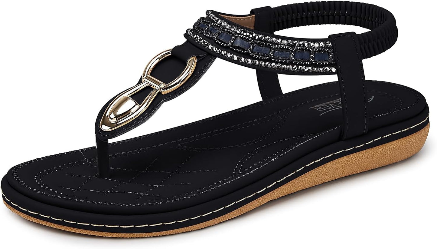 SHIBEVER Women's Elegant Summer Sandals: Comfortable Flat Bohemian T-Strap Casual Footwear