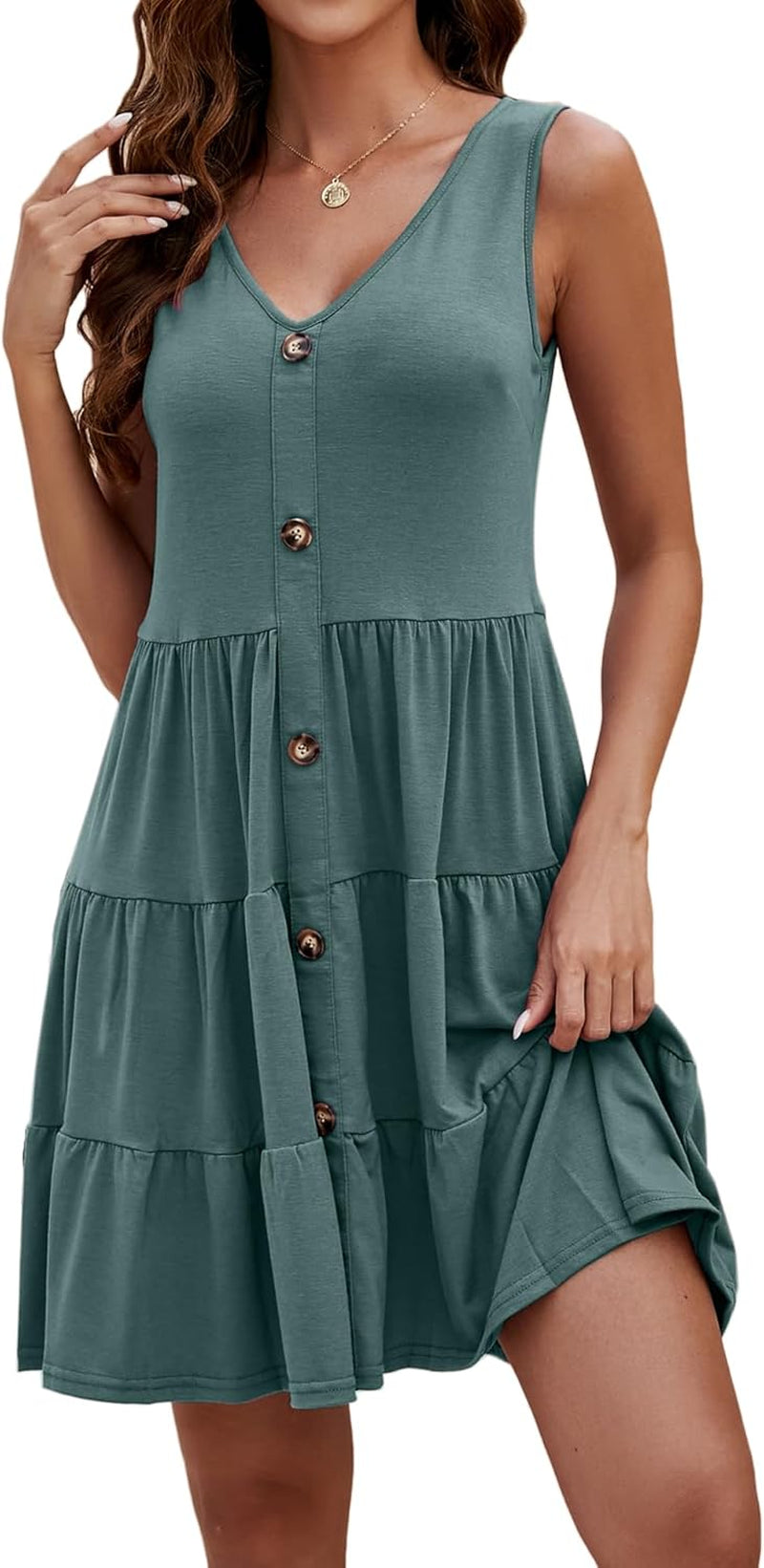 Halife Women's Summer Sleeveless V-Neck Button-Front Pleated Swing Dress