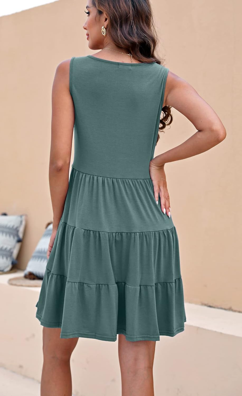 Halife Women's Summer Sleeveless V-Neck Button-Front Pleated Swing Dress