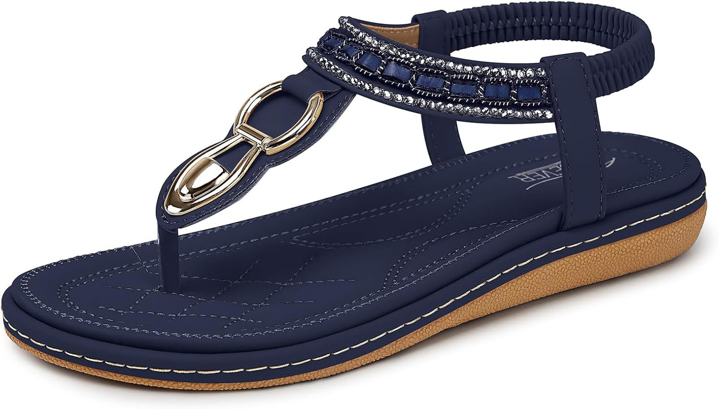SHIBEVER Women's Elegant Summer Sandals: Comfortable Flat Bohemian T-Strap Casual Footwear