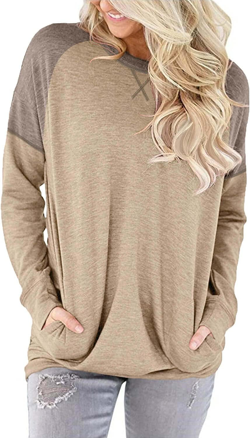 ONLYSHE Women's Long Sleeve Crewneck Sweatshirt with Pocket in Beige Brown, Size M
