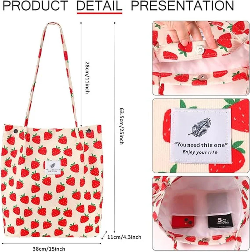 Stylish Strawberry Corduroy Tote Bag for Women - Canvas Shoulder Purse with Inner Pocket