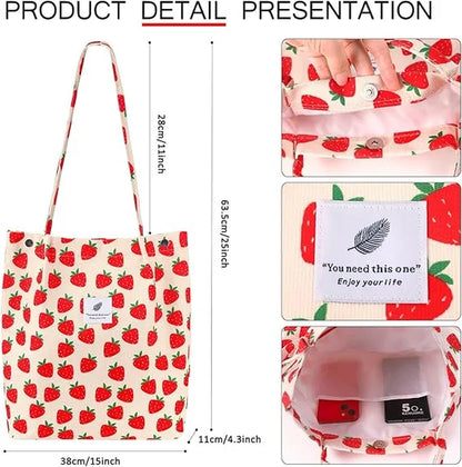 Stylish Strawberry Corduroy Tote Bag for Women - Canvas Shoulder Purse with Inner Pocket
