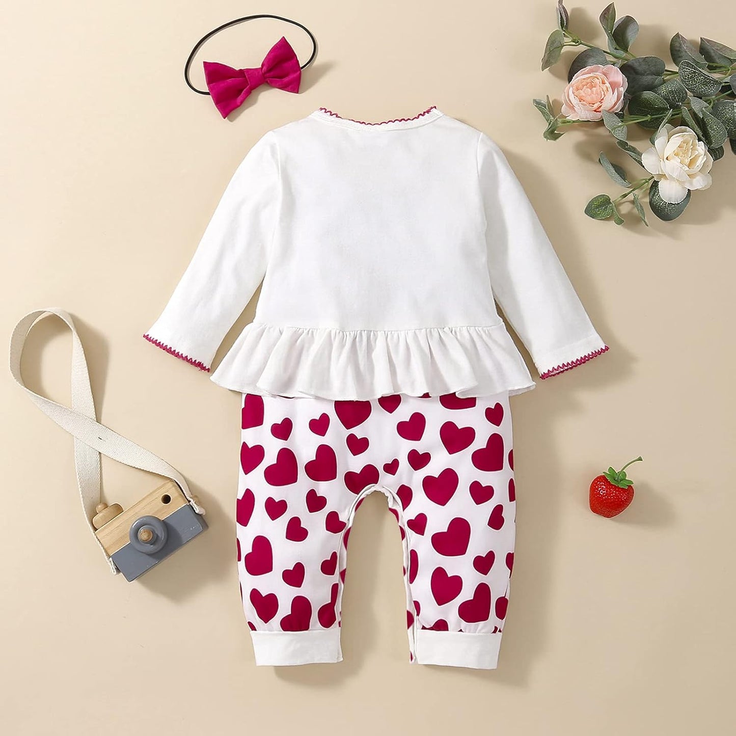 Adorable Newborn Baby Girl Fall Outfit - Long Sleeve Love Elephant Romper Jumpsuit with Matching Headband (White Red, 12-18 Months)
