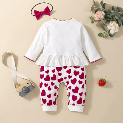 Adorable Newborn Baby Girl Fall Outfit - Long Sleeve Love Elephant Romper Jumpsuit with Matching Headband (White Red, 12-18 Months)