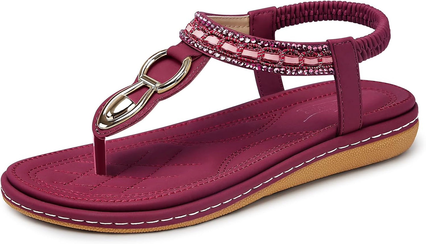 SHIBEVER Women's Elegant Summer Sandals: Comfortable Flat Bohemian T-Strap Casual Footwear