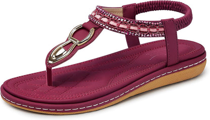 SHIBEVER Women's Elegant Summer Sandals: Comfortable Flat Bohemian T-Strap Casual Footwear