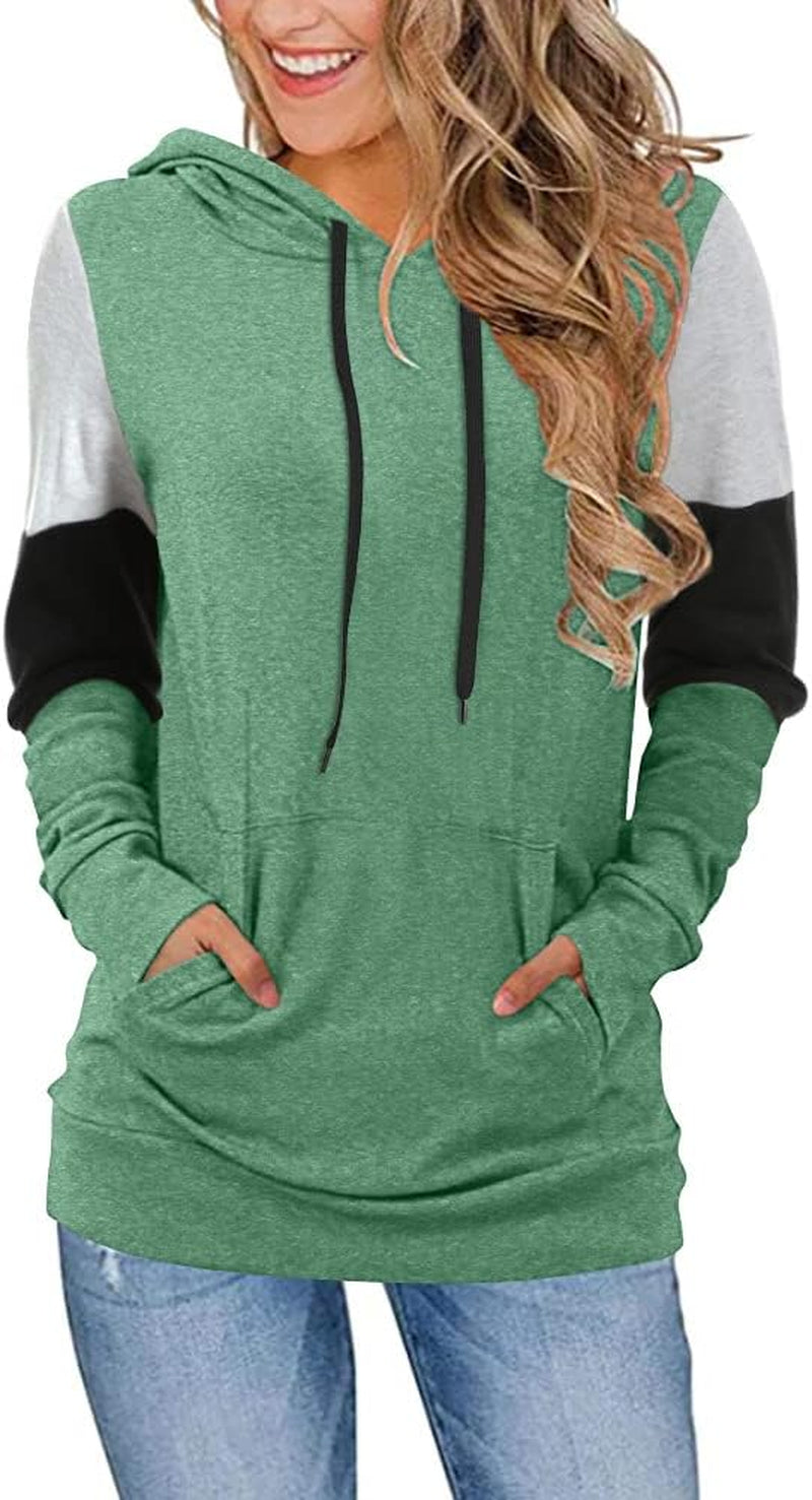 CATHY Women's Casual Color Block Long Sleeve Pullover Hoodie Tunic with Pocket