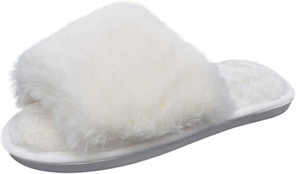 HUMIWA Women's Plush Fur Flat Slippers - Comfortable Open Toe Memory Foam Sandals for Versatile Indoor and Outdoor Use