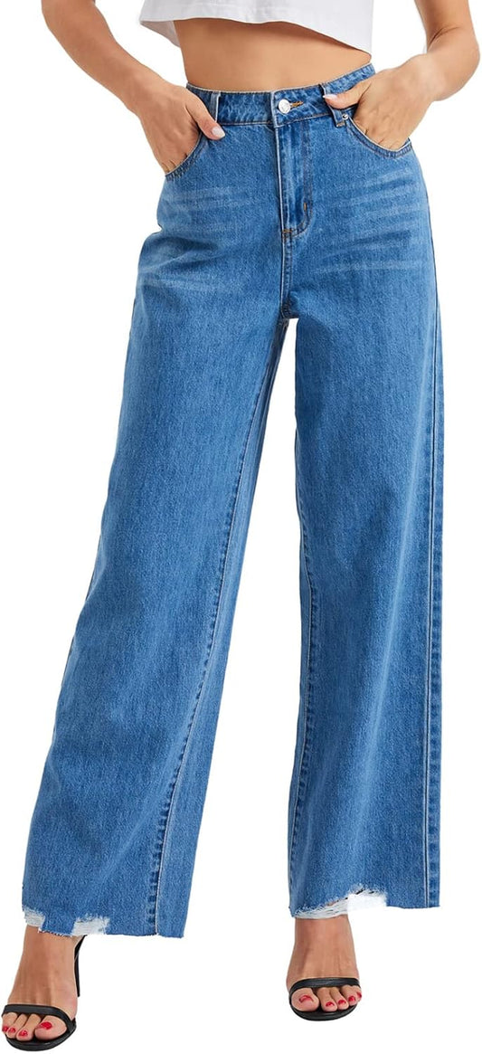 Women's High-Waist Wide Leg Denim Jeans - Casual Straight Leg Cropped Pants