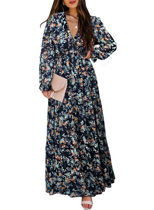 Blue Floral Print Maxi Dress for Women - Fall Chiffon Deep V-Neck Long Sleeve Ruffle Hem Party Dress with Elastic Cuffs, Boho Style for Holiday Vacation, Size US 4-6 (S)