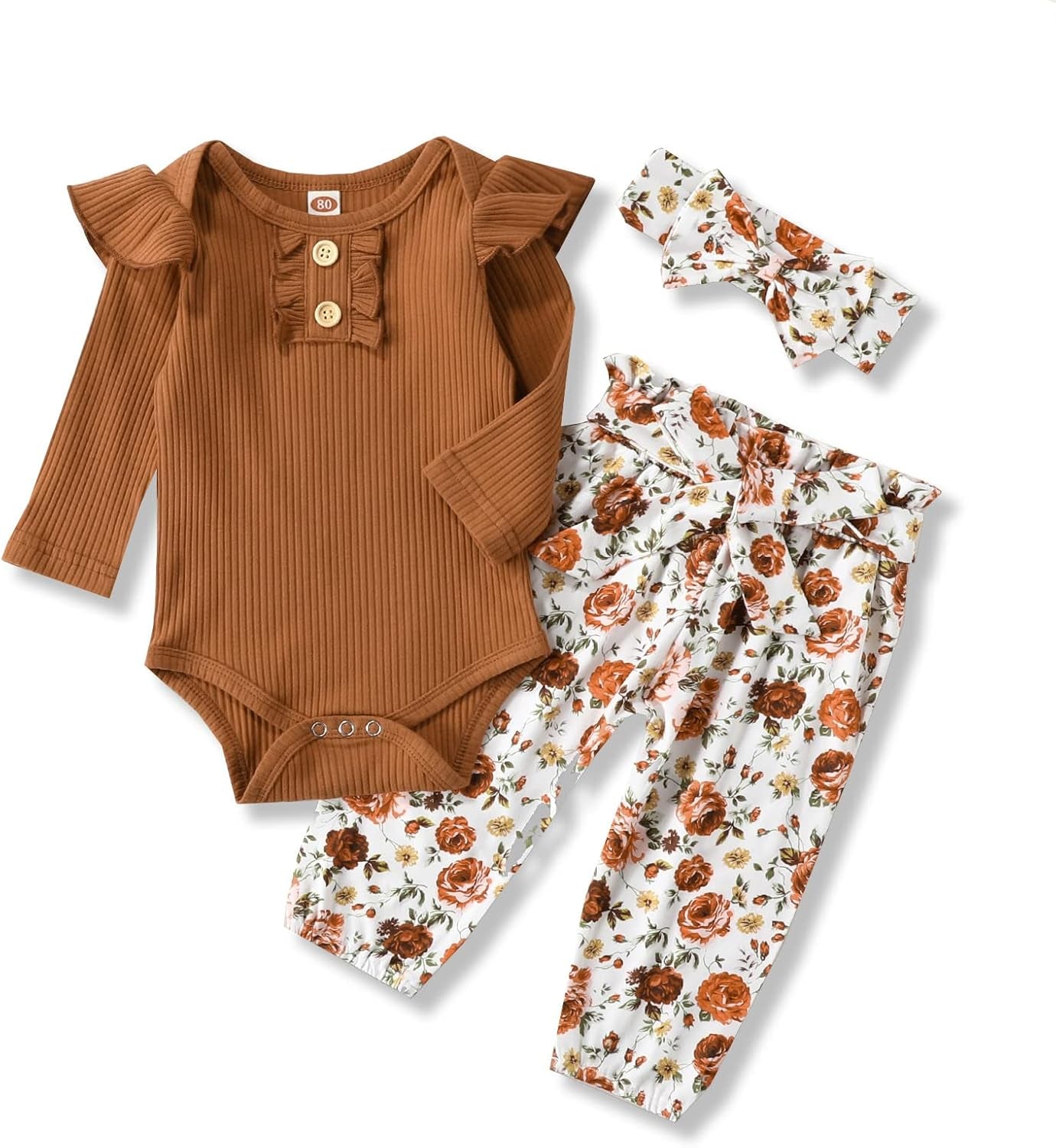 Adorable Kislio Newborn Baby Girls Outfit Set - Ribbed Ruffled Romper, Floral Pants & Matching Headband