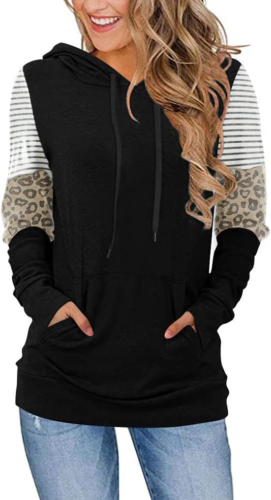 CATHY Women's Casual Color Block Hoodie Sweatshirt with Drawstring, Long Sleeves, and Pocket - Leopard Sleeve Design, Black, Size M