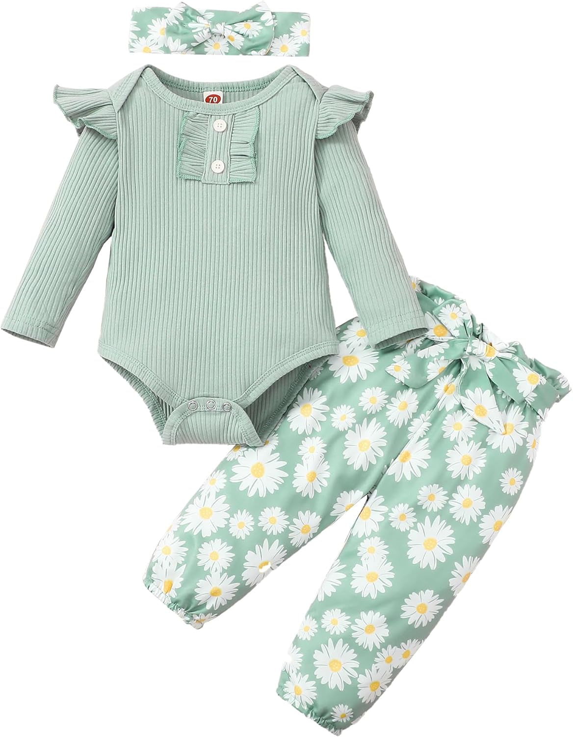 Adorable Kislio Newborn Baby Girls Outfit Set - Ribbed Ruffled Romper, Floral Pants & Matching Headband