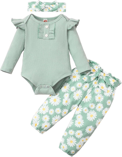 Adorable Kislio Newborn Baby Girls Outfit Set - Ribbed Ruffled Romper, Floral Pants & Matching Headband