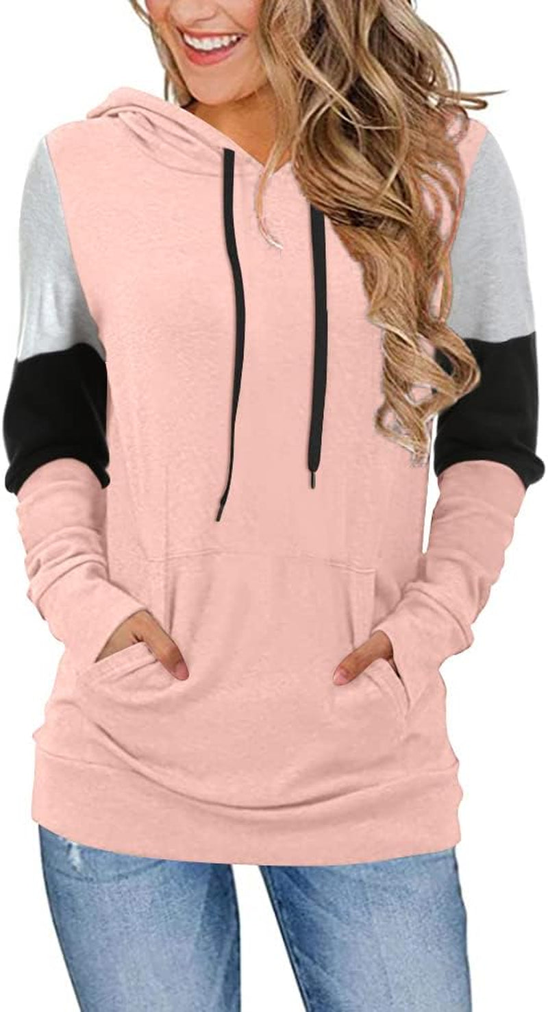 CATHY Women's Casual Color Block Long Sleeve Pullover Hoodie Tunic with Pocket