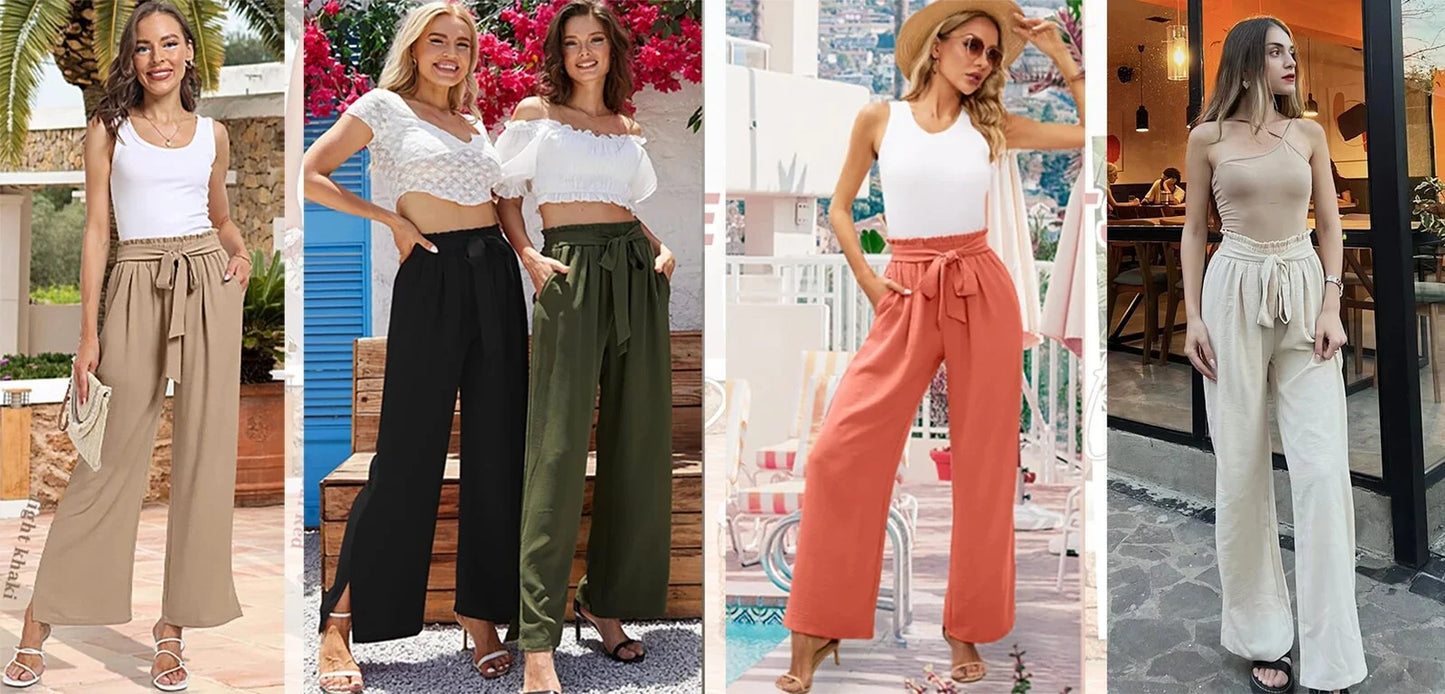 Women's High-Waisted Wide Leg Lounge Pants with Pockets and Adjustable Tie Knot - Casual and Work Trousers