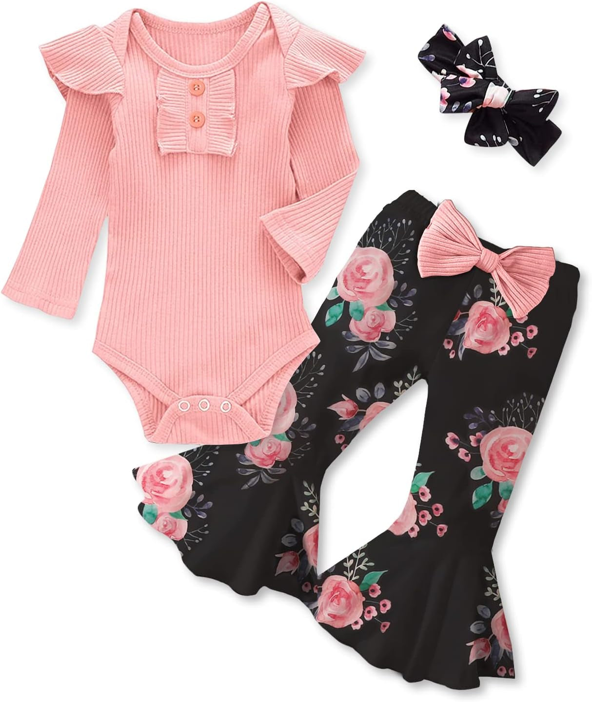 Adorable Kislio Newborn Baby Girls Outfit Set - Ribbed Ruffled Romper, Floral Pants & Matching Headband