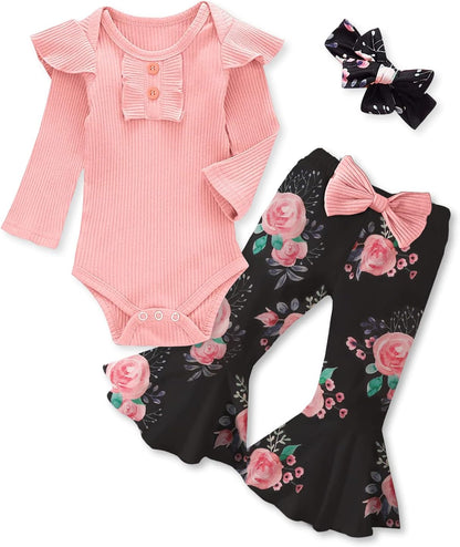 Adorable Kislio Newborn Baby Girls Outfit Set - Ribbed Ruffled Romper, Floral Pants & Matching Headband