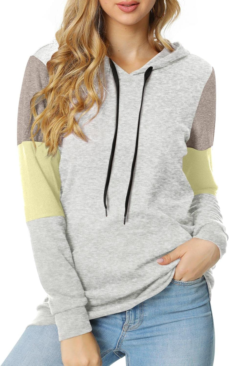 CATHY Women's Casual Color Block Long Sleeve Pullover Hoodie Tunic with Pocket