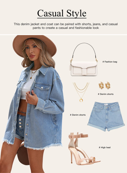 Women's Long Sleeve Boyfriend Denim Jacket - Loose Fit White XL