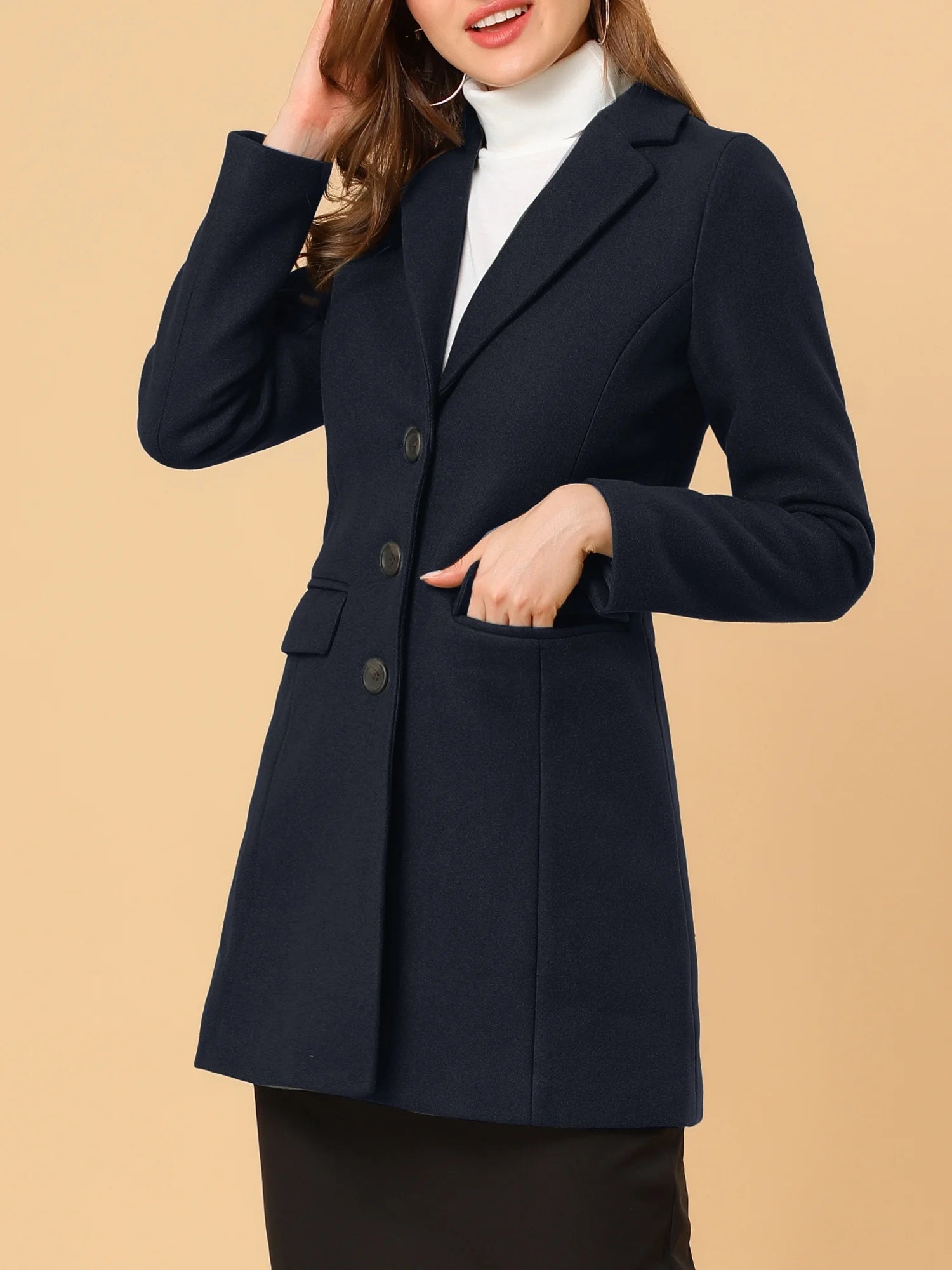 Women's Notched Lapel Long Sleeve Single Breasted Peacoat in Dark Blue - Fall/Winter Collection, Size XL
