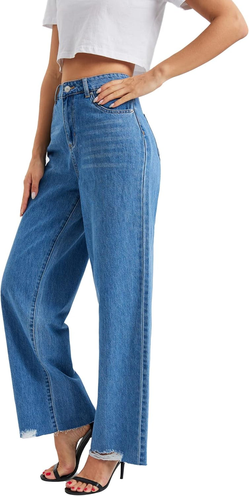 Women's High-Waist Wide Leg Denim Jeans - Casual Straight Leg Cropped Pants