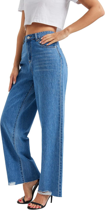 Women's High-Waist Wide Leg Denim Jeans - Casual Straight Leg Cropped Pants