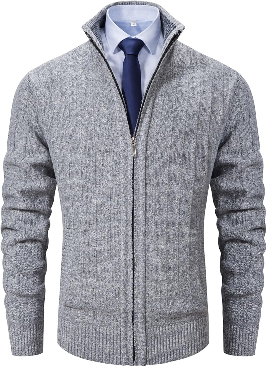 Xinyangni Men's Slim Fit Thick Knitted Cardigan with Full Zip and Pockets