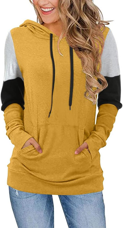 CATHY Women's Casual Color Block Long Sleeve Pullover Hoodie Tunic with Pocket