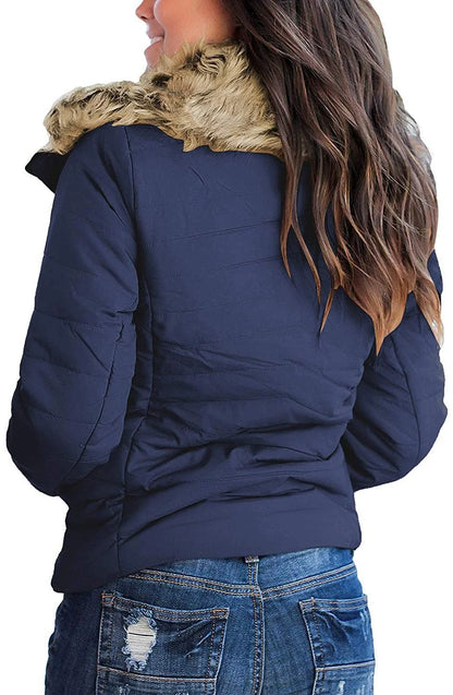 Women's Quilted Puffer Parka Coat with Faux Fur Lapel and Pockets, Sizes S-2XL