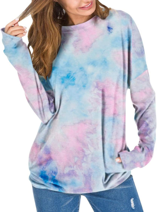 Pink Queen Women's Multicolor Tie-Dye Long Sleeve T-Shirt with Patches and Pockets, Size L
