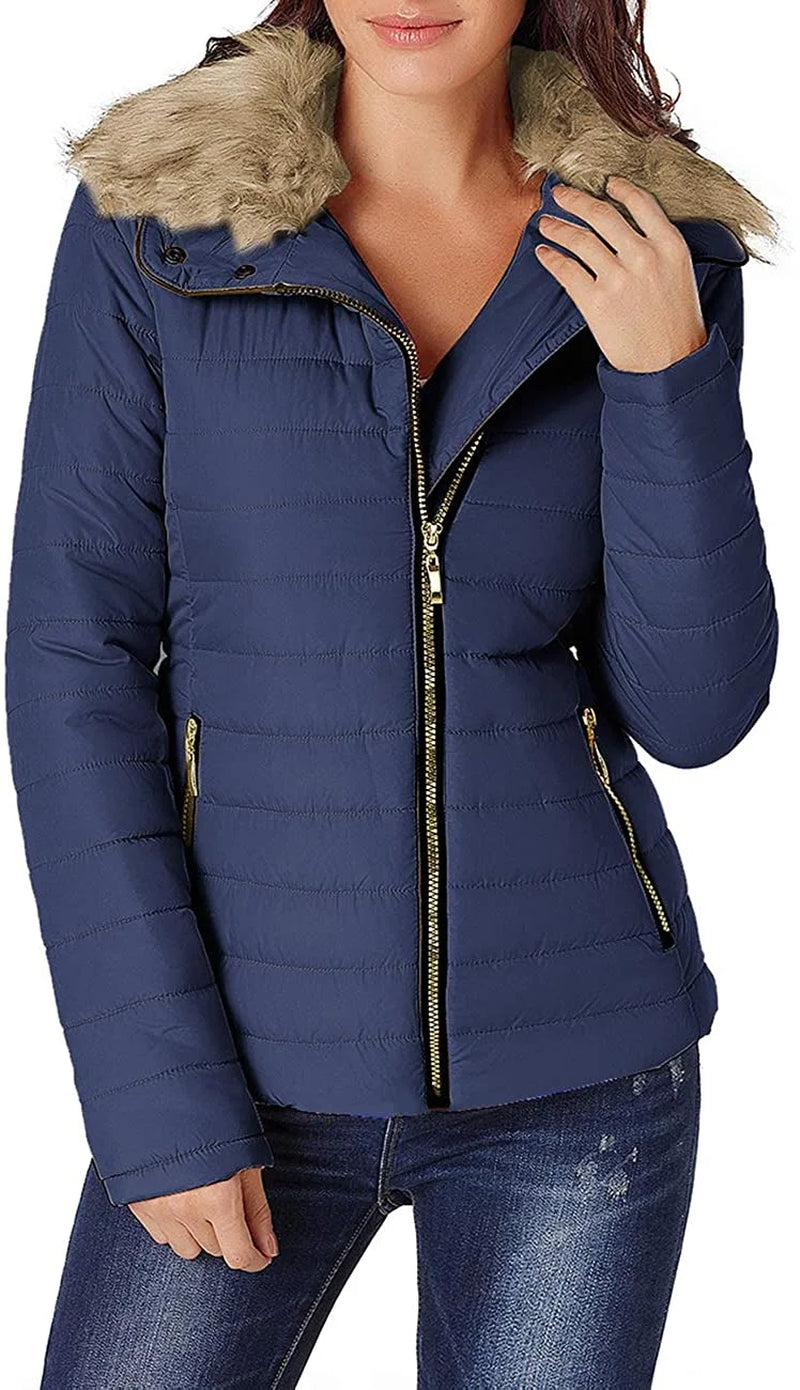 Women's Quilted Puffer Parka Coat with Faux Fur Lapel and Pockets, Sizes S-2XL