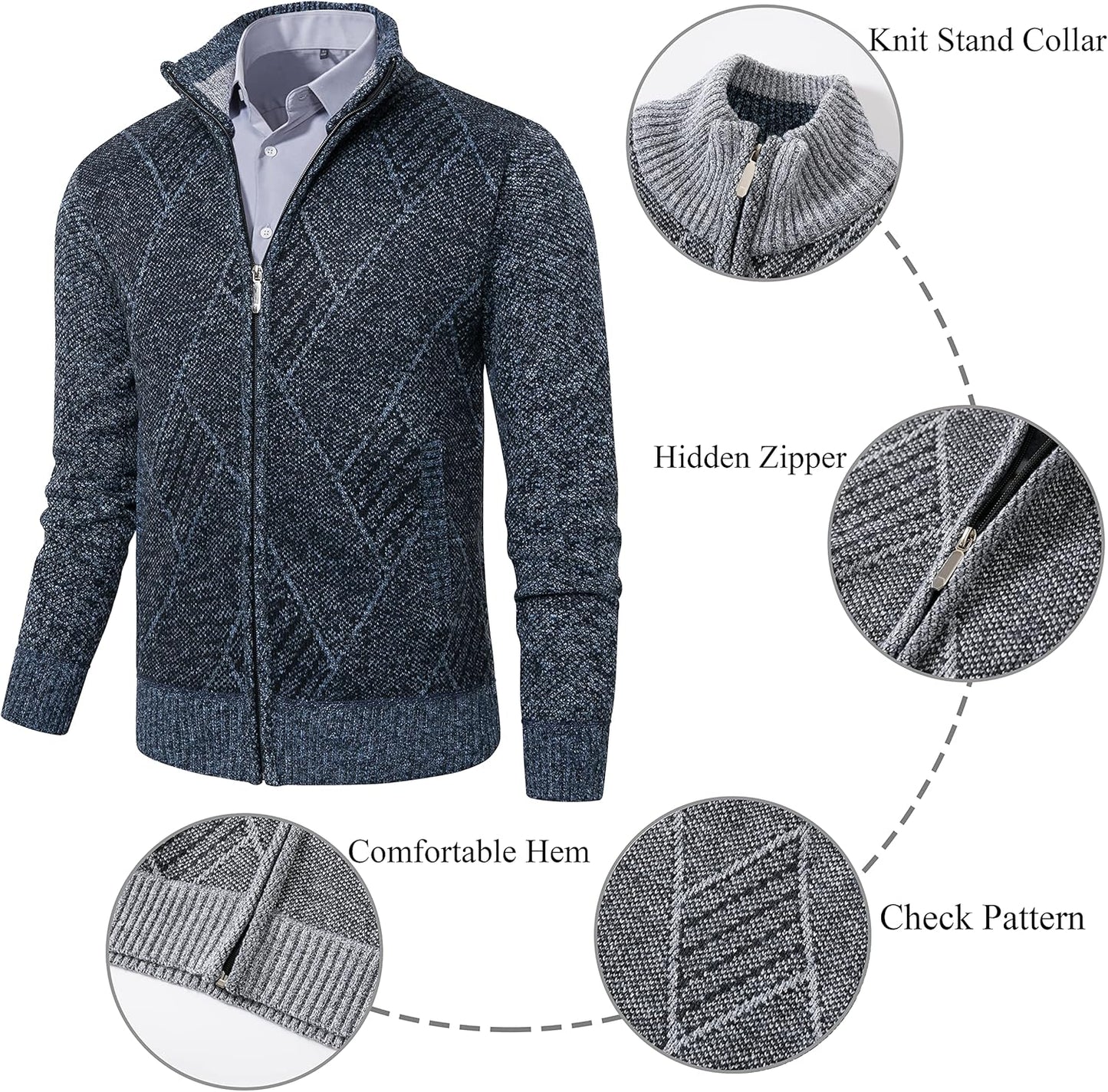 Men's Casual Full-Zip Knitted Cardigan Sweater with Pockets by Vtuaol