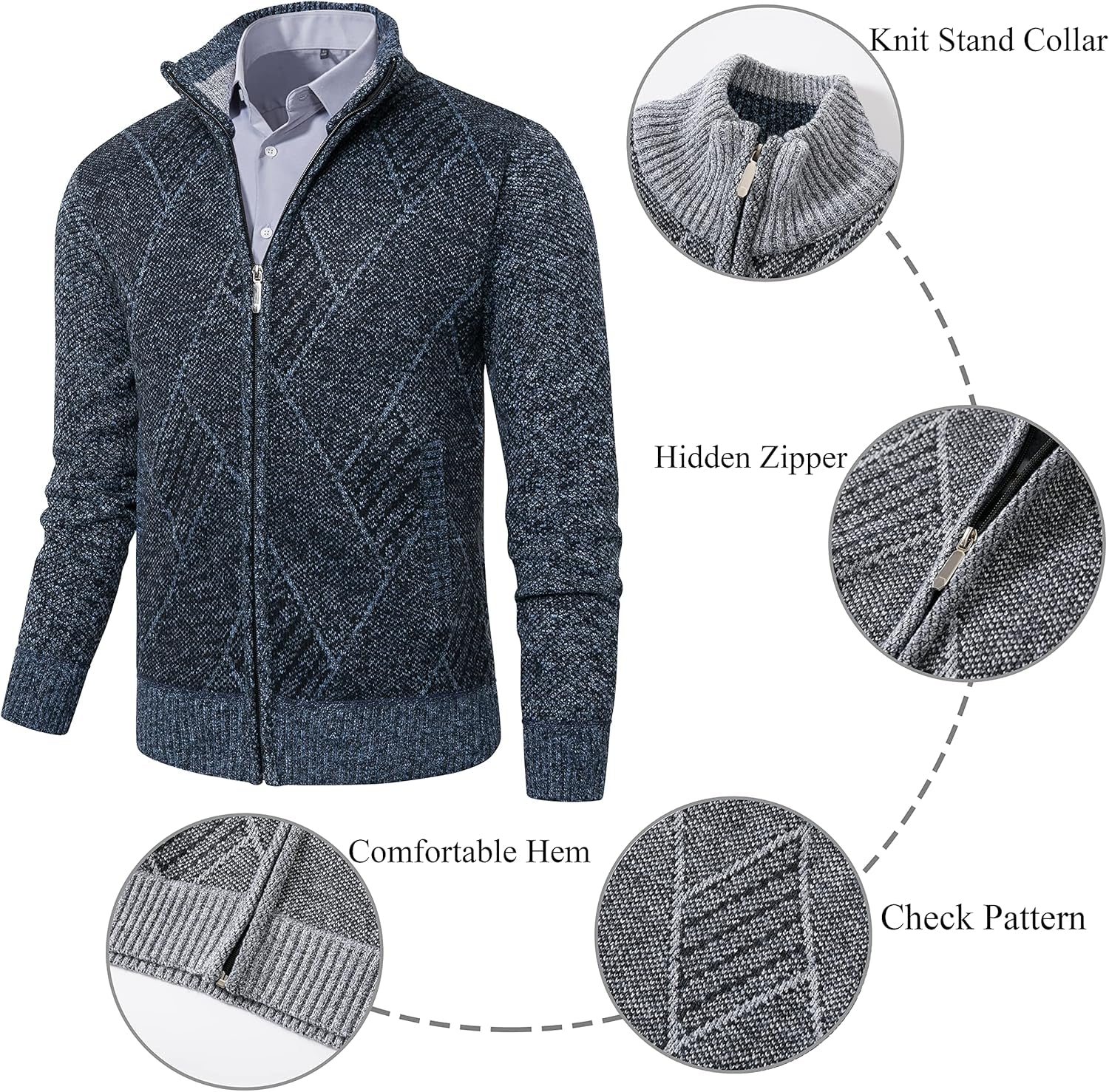 Men's Casual Full-Zip Knitted Cardigan Sweater with Pockets by Vtuaol