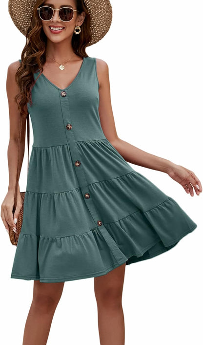 Halife Women's Summer Sleeveless V-Neck Button-Front Pleated Swing Dress