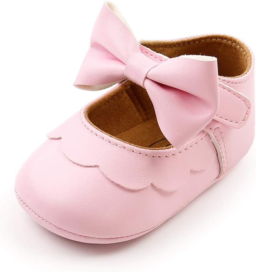 LAFEGEN Adorable Infant Girls' Mary Jane Flats with Bow Knot - Non-Slip Soft Sole PU Leather First Walker Dress Shoes