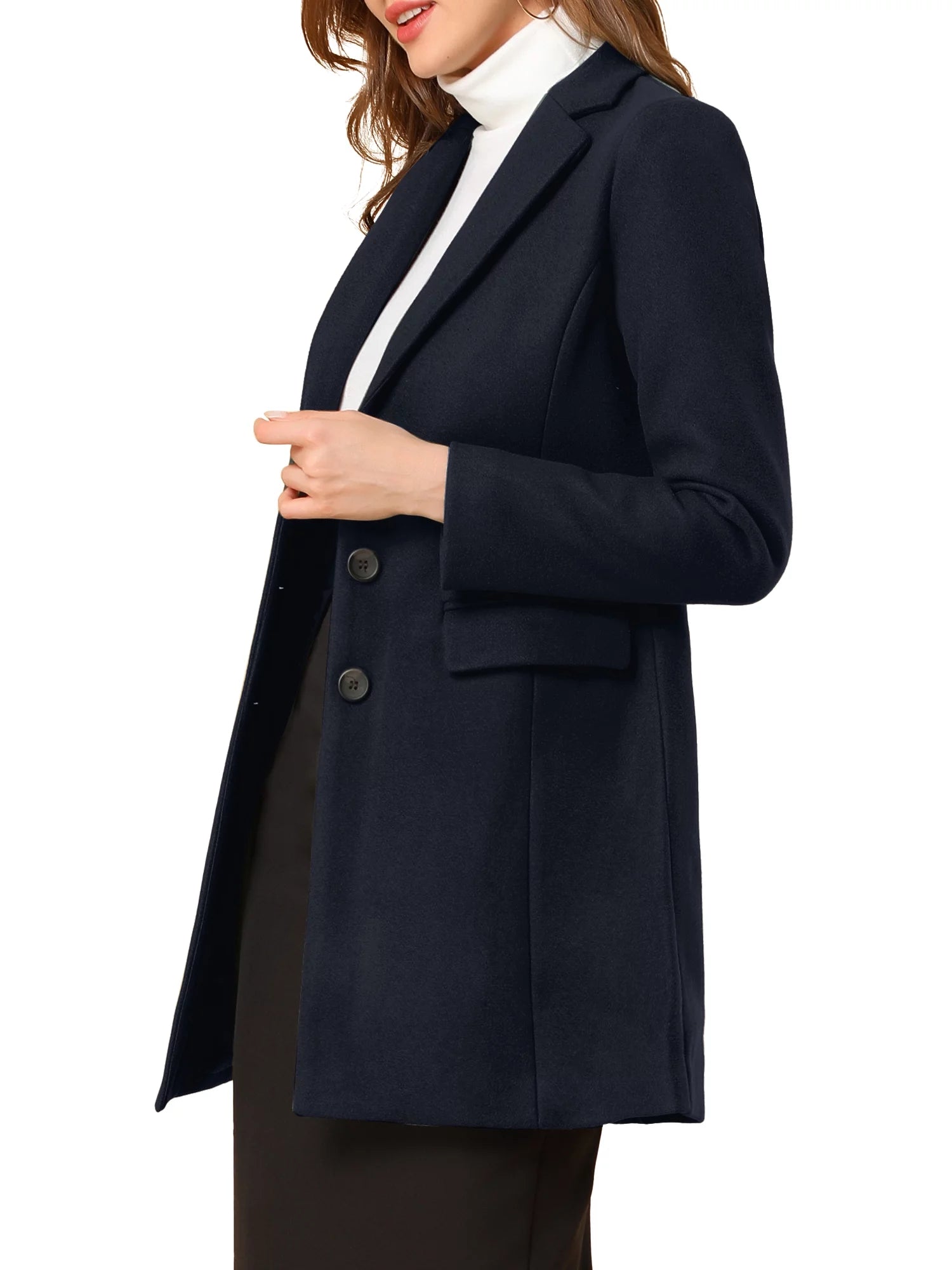 Women's Notched Lapel Long Sleeve Single Breasted Peacoat in Dark Blue - Fall/Winter Collection, Size XL