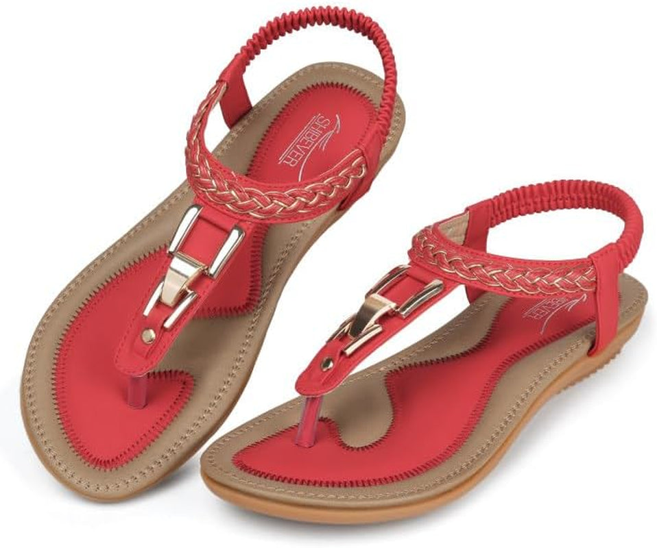 SHIBEVER Women's Elegant Summer Sandals: Comfortable Flat Bohemian T-Strap Casual Footwear