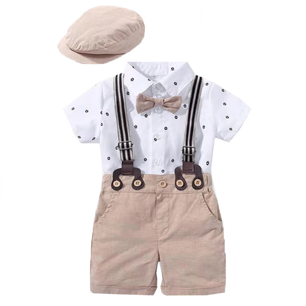 Newborn Boys' Gentleman Outfit Set: Bow Tie, Hat, Sailboat Print Romper, and Suspender Shorts