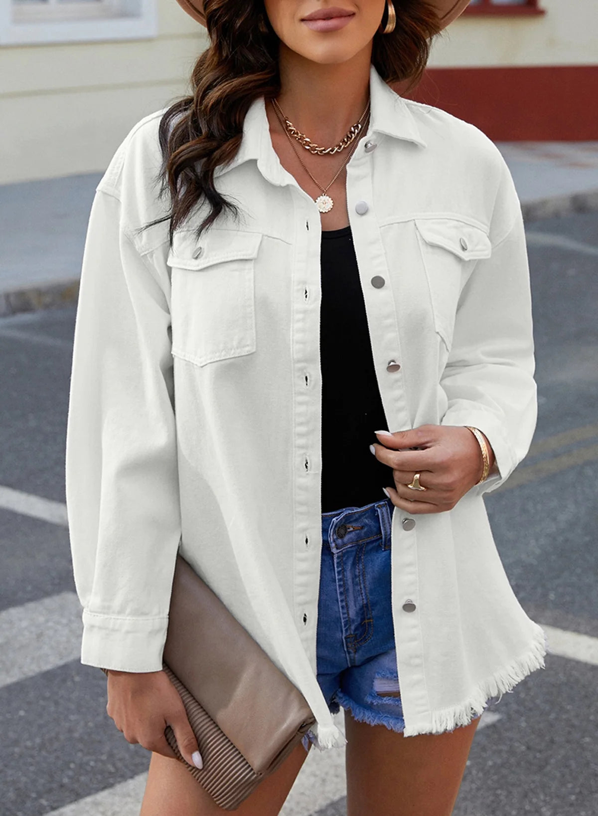 Women's Long Sleeve Boyfriend Denim Jacket - Loose Fit White XL