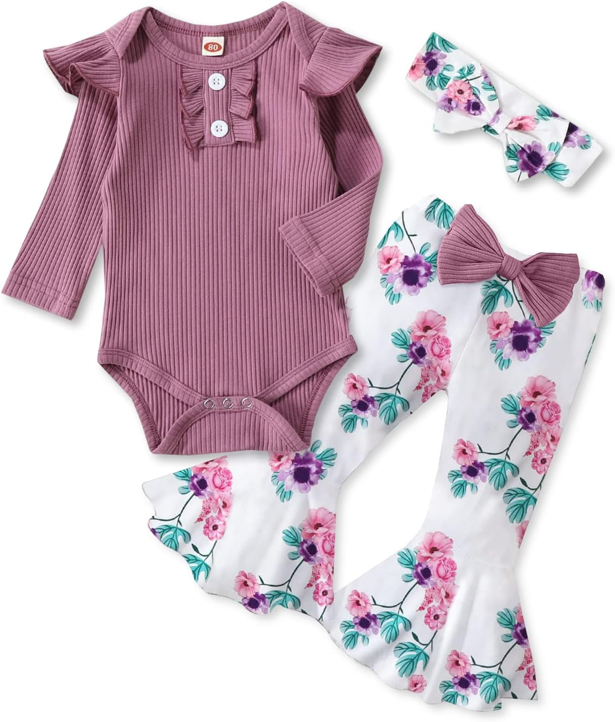 Adorable Kislio Newborn Baby Girls Outfit Set - Ribbed Ruffled Romper, Floral Pants & Matching Headband