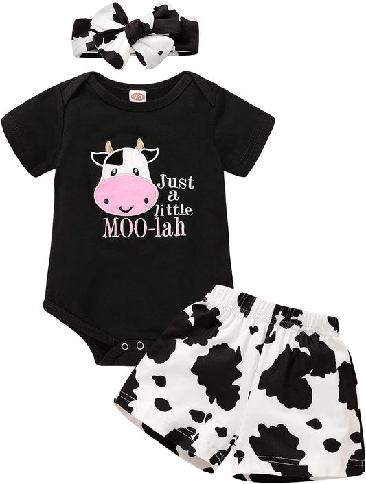 Adorable Summer Cow Print Romper & Shorts Set for Baby Girls - Embroidered Design!