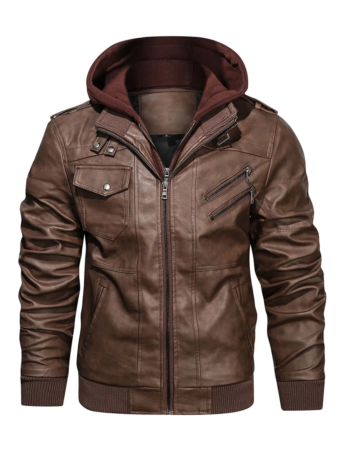 Men's Brown PU Faux Leather Jacket with Removable Hood, Size 2XL