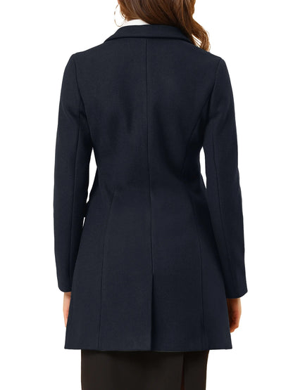 Women's Notched Lapel Long Sleeve Single Breasted Peacoat in Dark Blue - Fall/Winter Collection, Size XL
