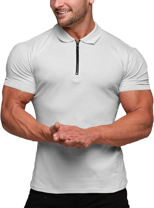 Men's Muscle Fit Polo Shirt - Casual Short Sleeve Workout Tee for Bodybuilding - White, XX-Large