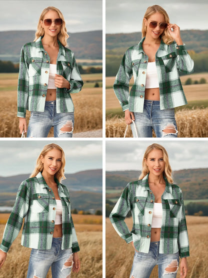 Women's Plaid Flannel Shacket - Long Sleeve Button-Down Jacket for Trendy Fall Outfits